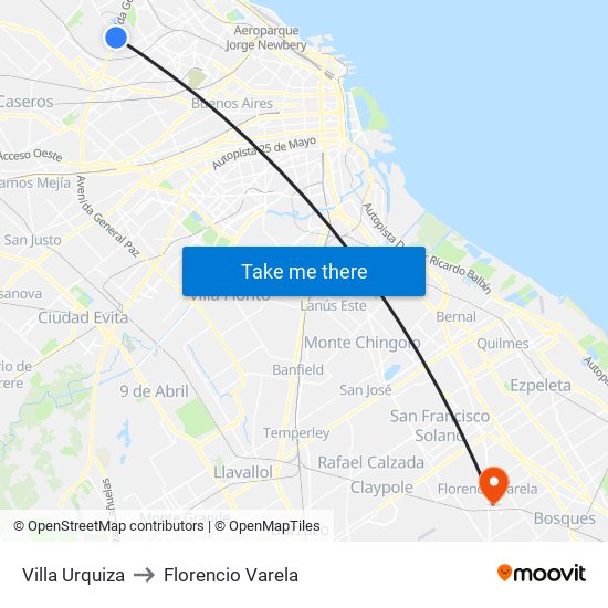 Villa Urquiza to Florencio Varela map