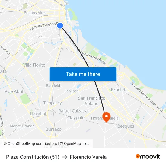 Plaza Constitución (51) to Florencio Varela map
