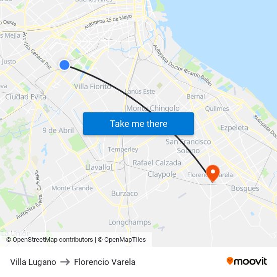 Villa Lugano to Florencio Varela map