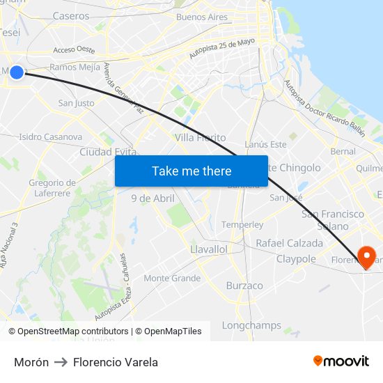 Morón to Florencio Varela map