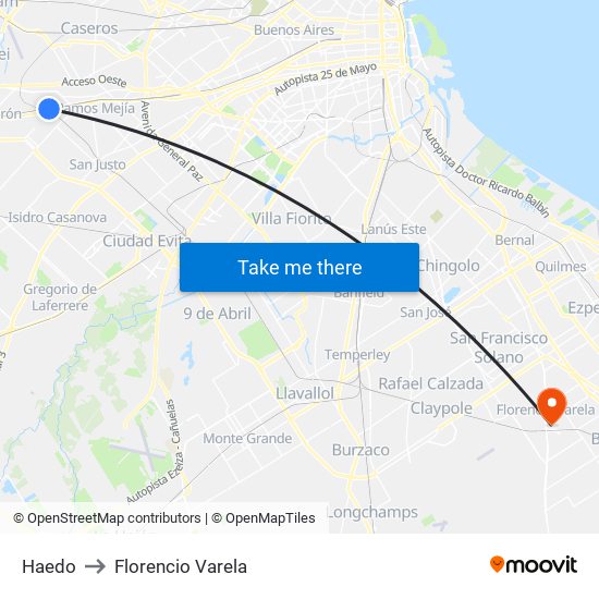 Haedo to Florencio Varela map