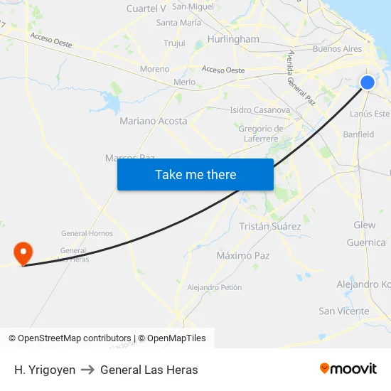 H. Yrigoyen to General Las Heras map
