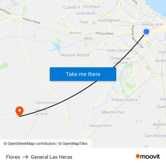 Flores to General Las Heras map