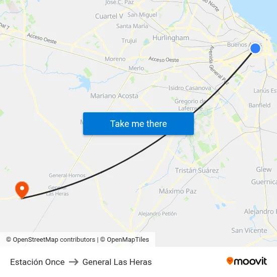 Estación Once to General Las Heras map