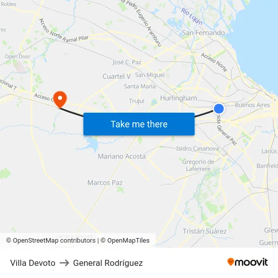 Villa Devoto to General Rodríguez map