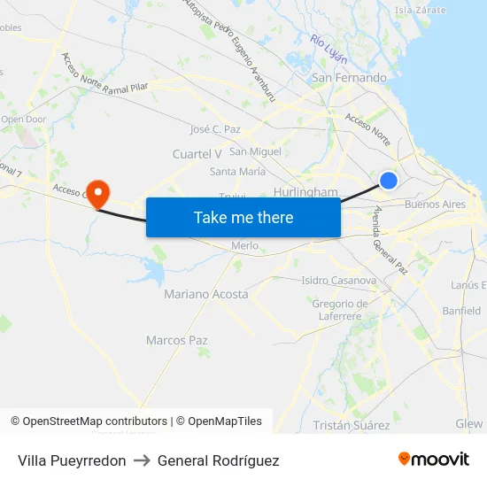 Villa Pueyrredon to General Rodríguez map
