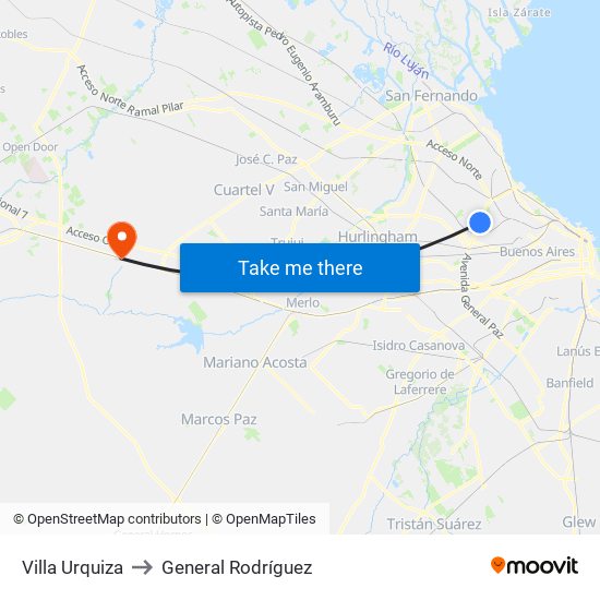 Villa Urquiza to General Rodríguez map