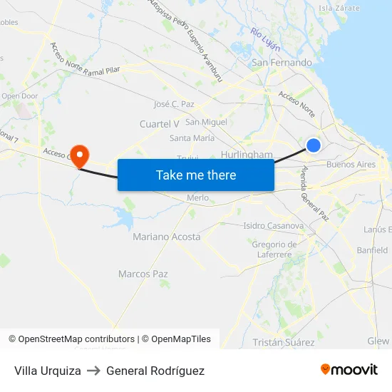 Villa Urquiza to General Rodríguez map