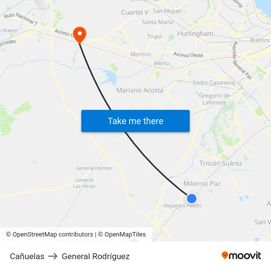 Cañuelas to General Rodríguez map