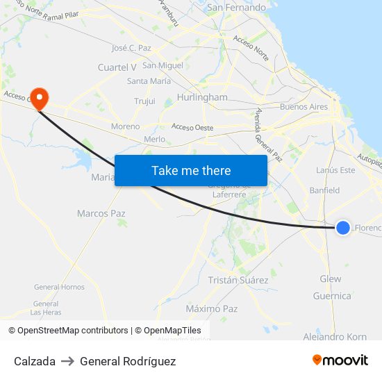 Calzada to General Rodríguez map