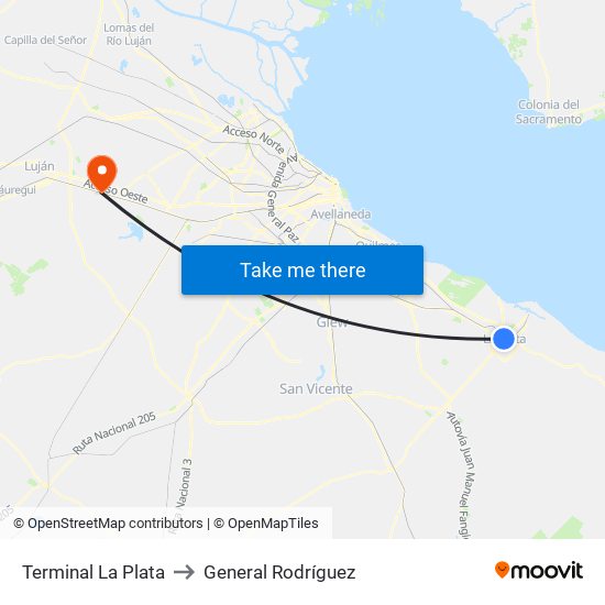 Terminal La Plata to General Rodríguez map