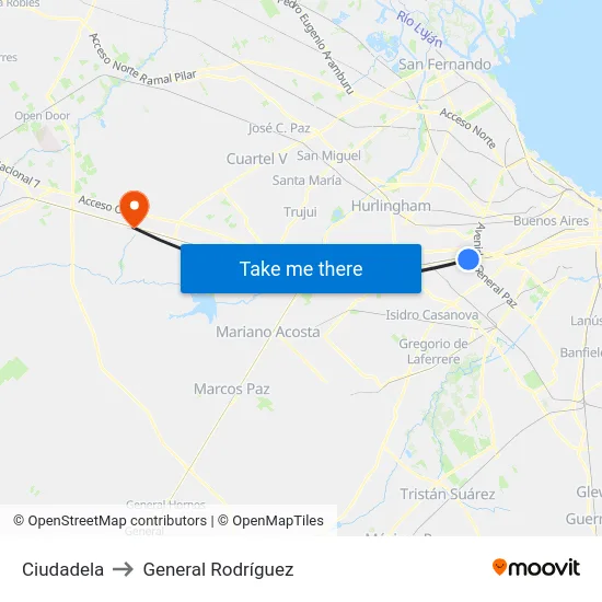 Ciudadela to General Rodríguez map
