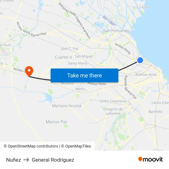 Nuñez to General Rodríguez map