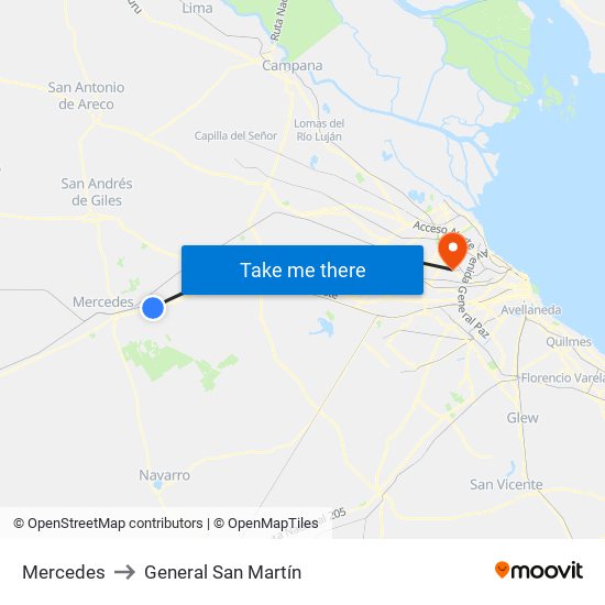 Mercedes to General San Martín map