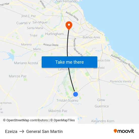Ezeiza to General San Martín map