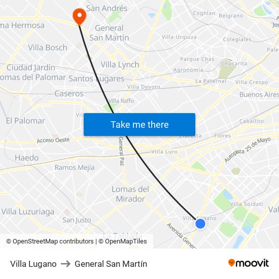 Villa Lugano to General San Martín map