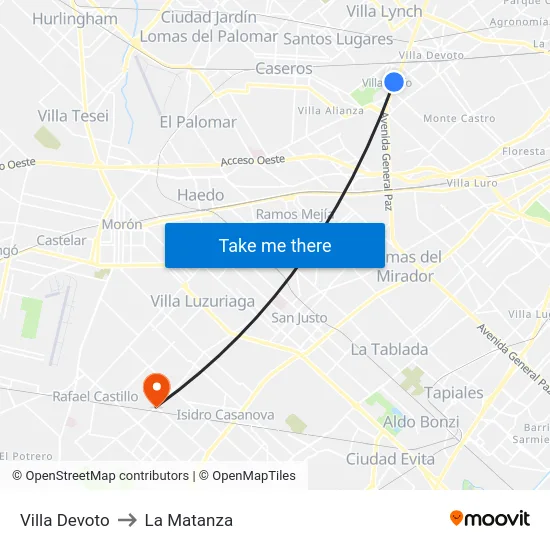 Villa Devoto to La Matanza map