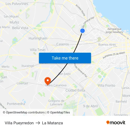 Villa Pueyrredon to La Matanza map