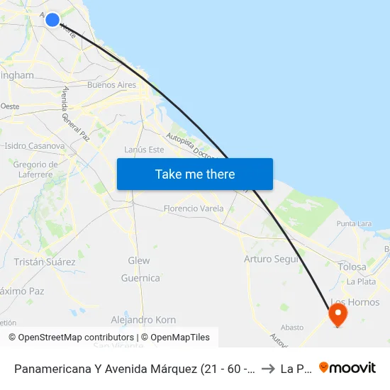 Panamericana Y Avenida Márquez (21 - 60 - 130 - 203 - 371) to La Plata map