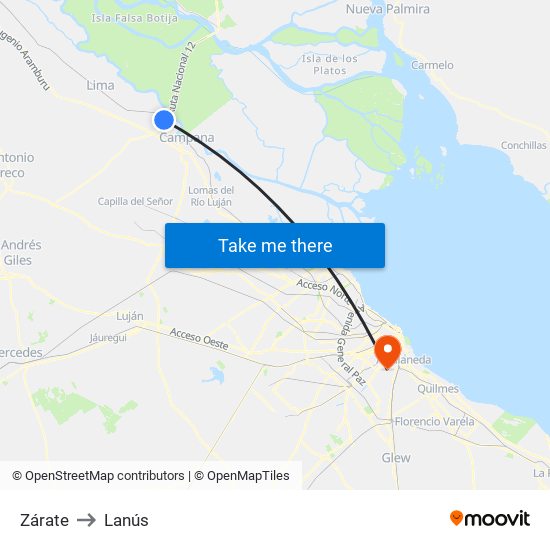 Zárate to Lanús map