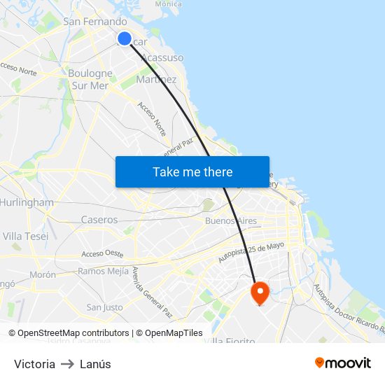 Victoria to Lanús map