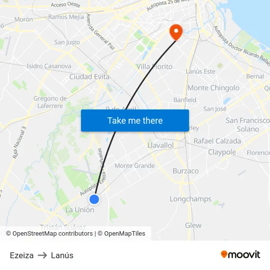 Ezeiza to Lanús map