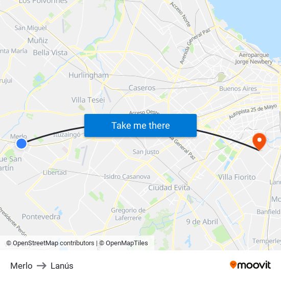 Merlo to Lanús map