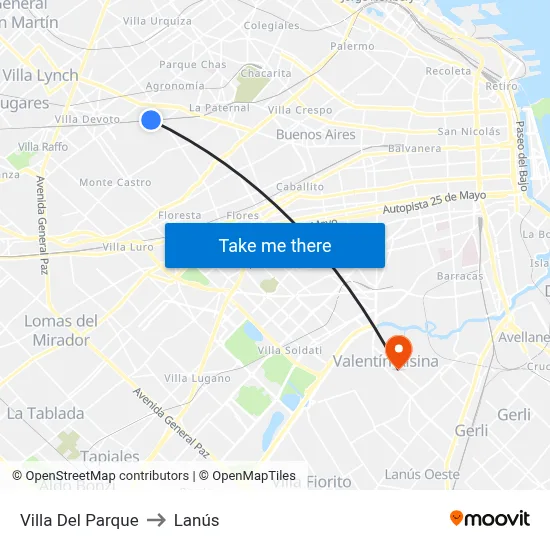 Villa Del Parque to Lanús map