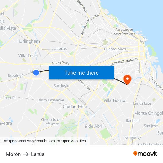 Morón to Lanús map