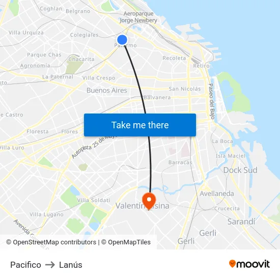 Pacifico to Lanús map