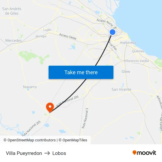 Villa Pueyrredon to Lobos map