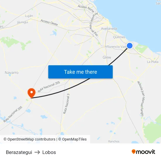 Berazategui to Lobos map