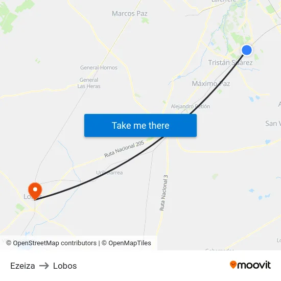 Ezeiza to Lobos map