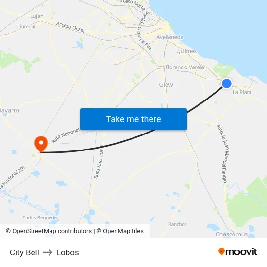 City Bell to Lobos map