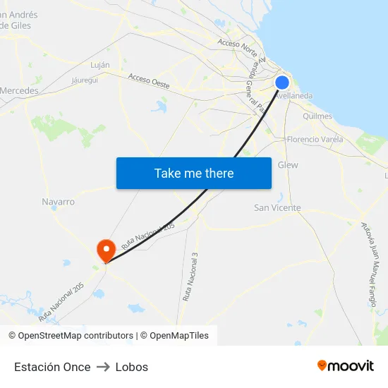 Estación Once to Lobos map