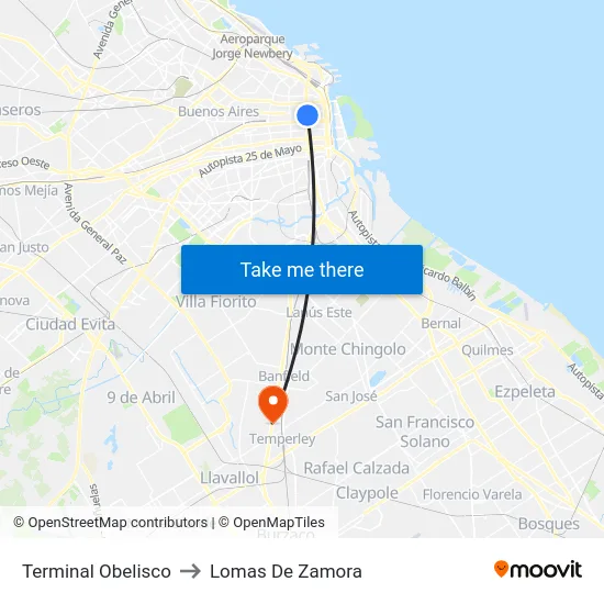 Terminal Obelisco to Lomas De Zamora map
