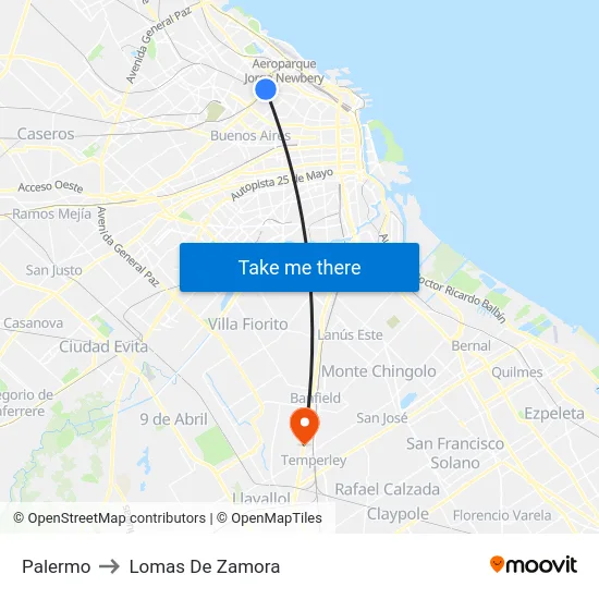 Palermo to Lomas De Zamora map