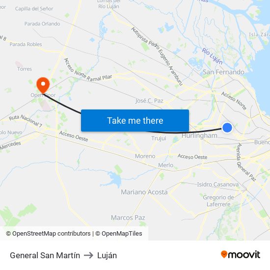 General San Martín to Luján map