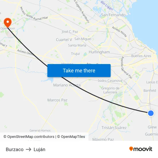 Burzaco to Luján map