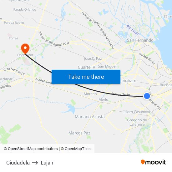 Ciudadela to Luján map