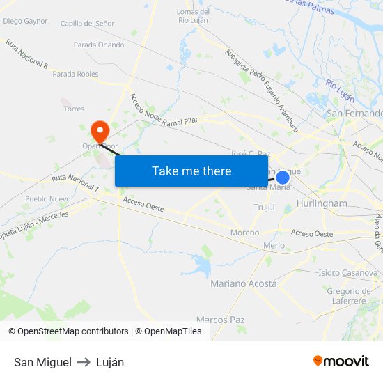 San Miguel to Luján map