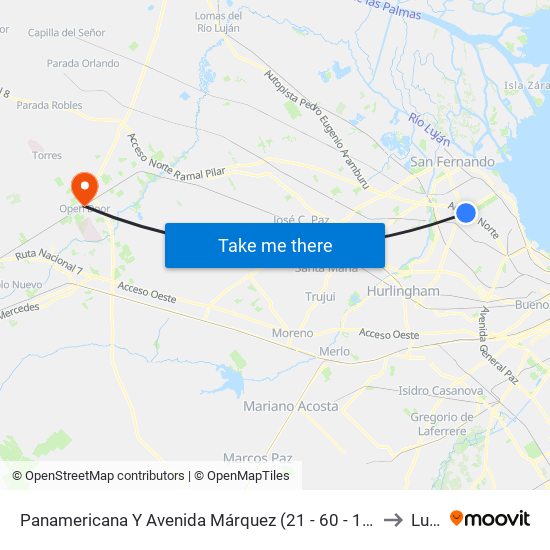 Panamericana Y Avenida Márquez (21 - 60 - 130 - 203 - 371) to Luján map