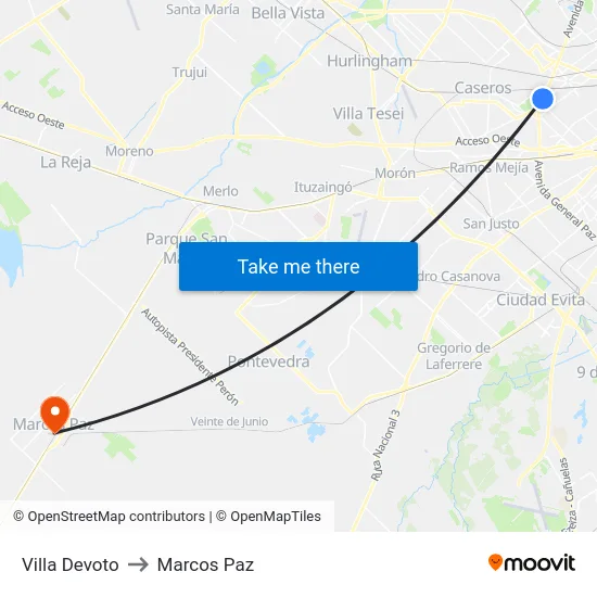 Villa Devoto to Marcos Paz map