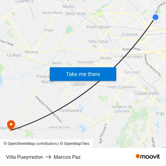 Villa Pueyrredon to Marcos Paz map