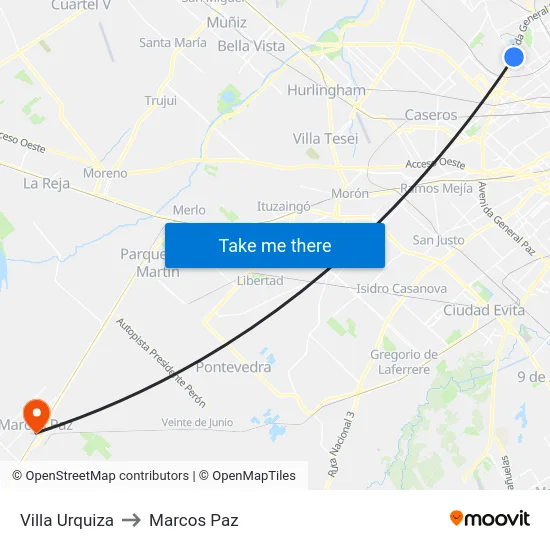 Villa Urquiza to Marcos Paz map