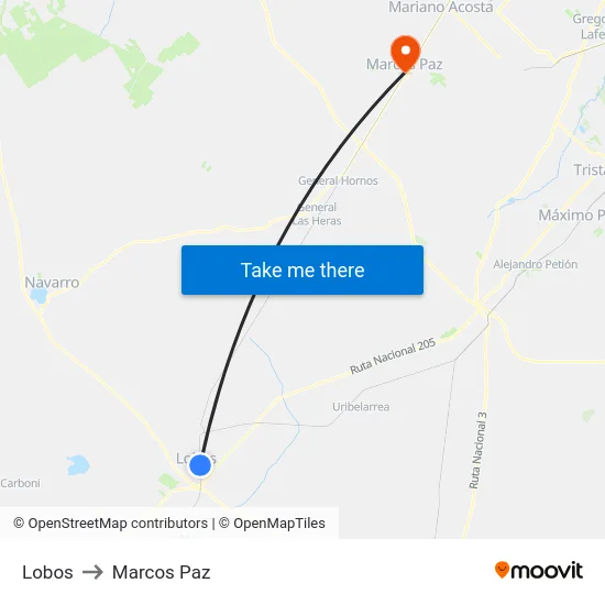 Lobos to Marcos Paz map