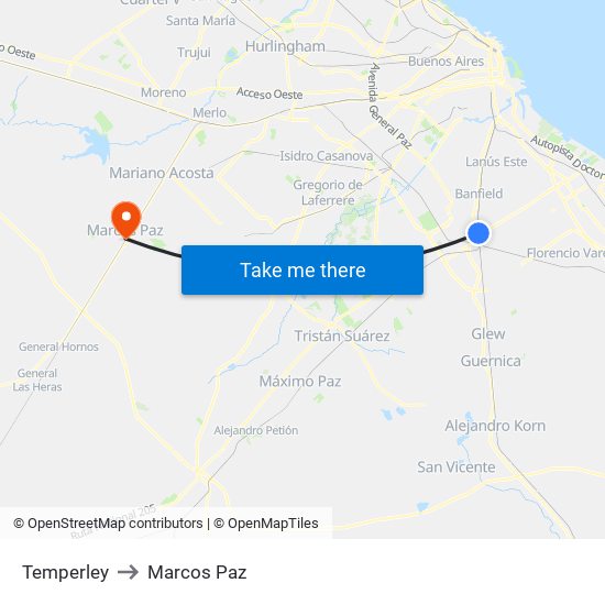 Temperley to Marcos Paz map