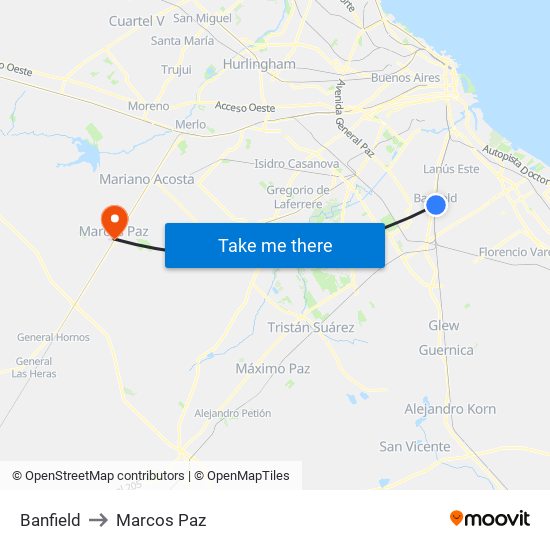 Banfield to Marcos Paz map