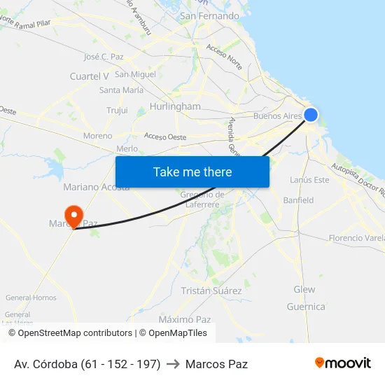 Av. Córdoba (61 - 152 - 197) to Marcos Paz map