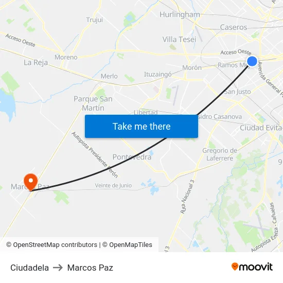 Ciudadela to Marcos Paz map